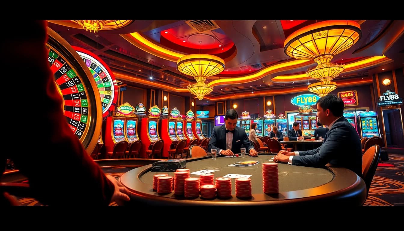 Experience excitement at FLY88 casino with vibrant tables, poker chips, and slot machines.