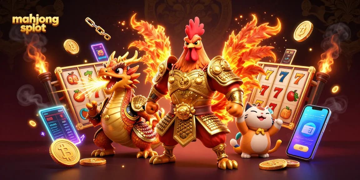 Play exciting mahjong slot games in this dynamic casino scene featuring vibrant characters and elements.