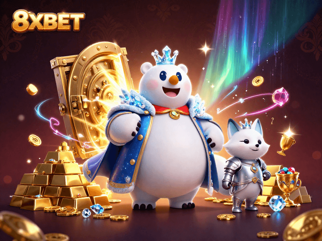 Experience the thrill of 8XBET with vibrant 3D casino elements and characters in a captivating scene.
