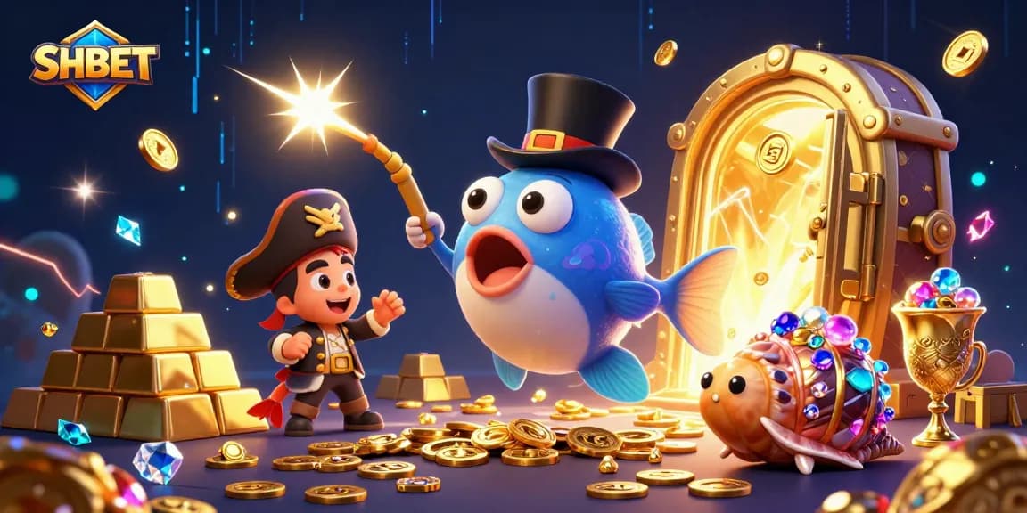 Win big with SHBET in this vibrant casino-themed digital illustration featuring anglerfish and treasure.