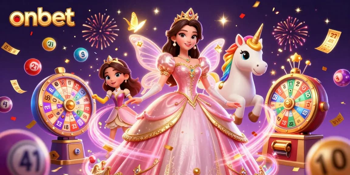 Experience the excitement of onbet with a glamorous Asian woman and a golden unicorn surrounded by vibrant casino elements.