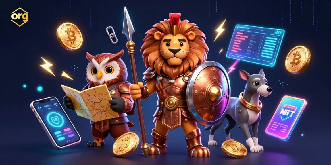 Experience thrilling action at org with a Spartan and owl strategists amidst vibrant crypto elements.