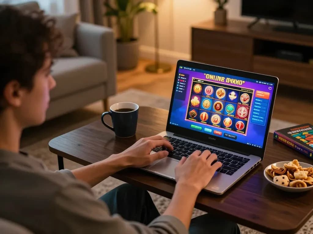 Engaging online slots gameplay experience on hm88 com in a cozy home environment.