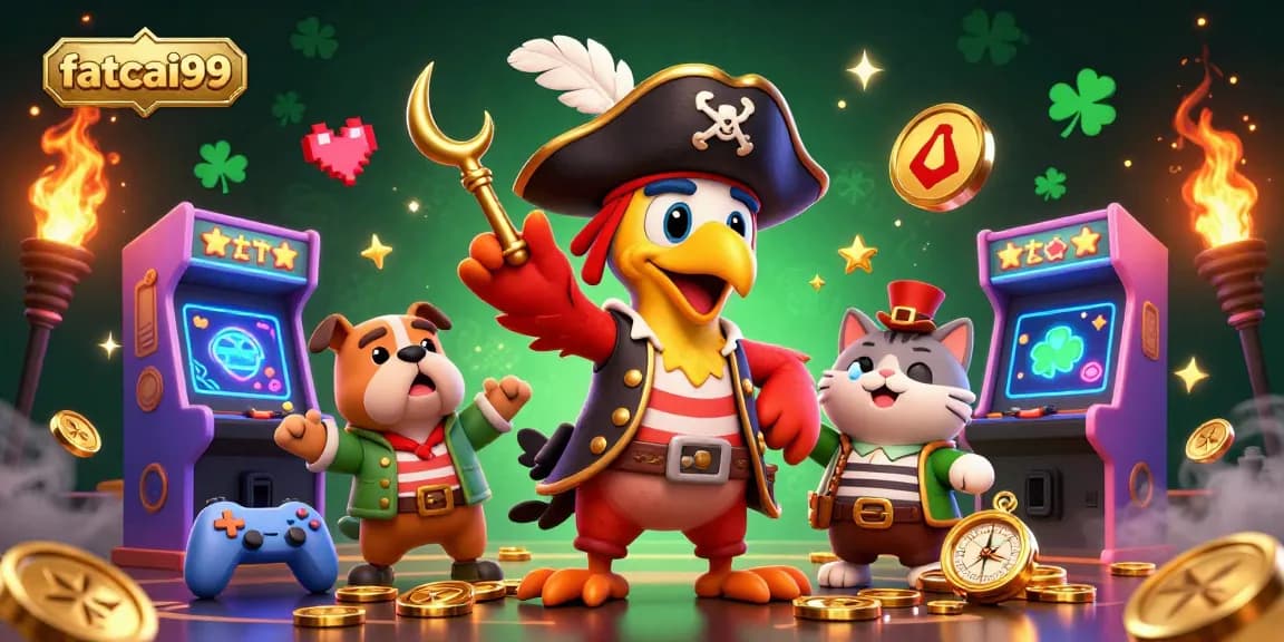 Join the action at fatcai99, featuring a pirate captain directing a vibrant gaming adventure with colorful elements.
