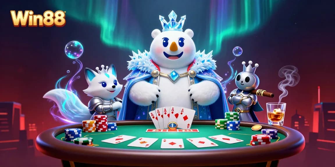 Experience big wins at Win88 with vibrant casino action, poker chips, and engaging characters.