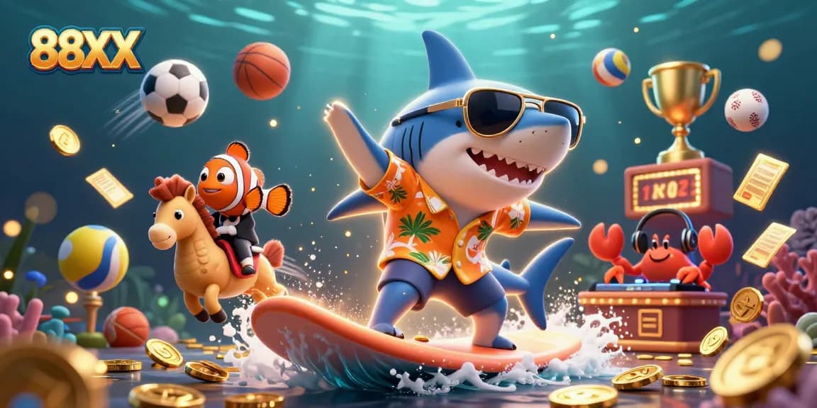 Bet on thrilling games at 88XX with a dynamic cartoon scene of a shark and friends celebrating winnings.