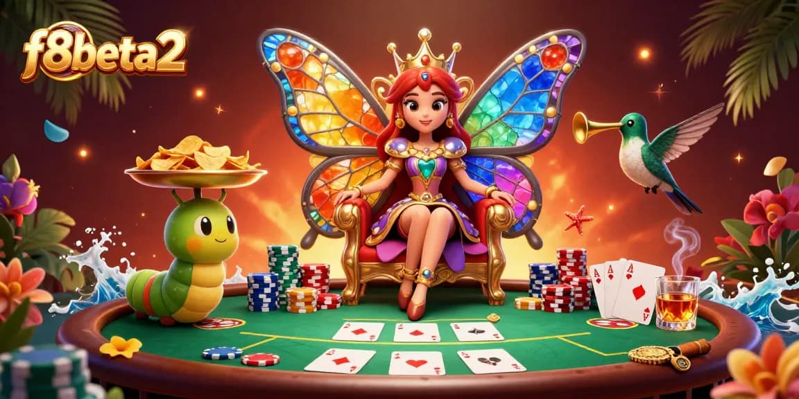 Experience f8beta2 excitement with a vibrant casino scene featuring a queen and chip-carrying caterpillars.