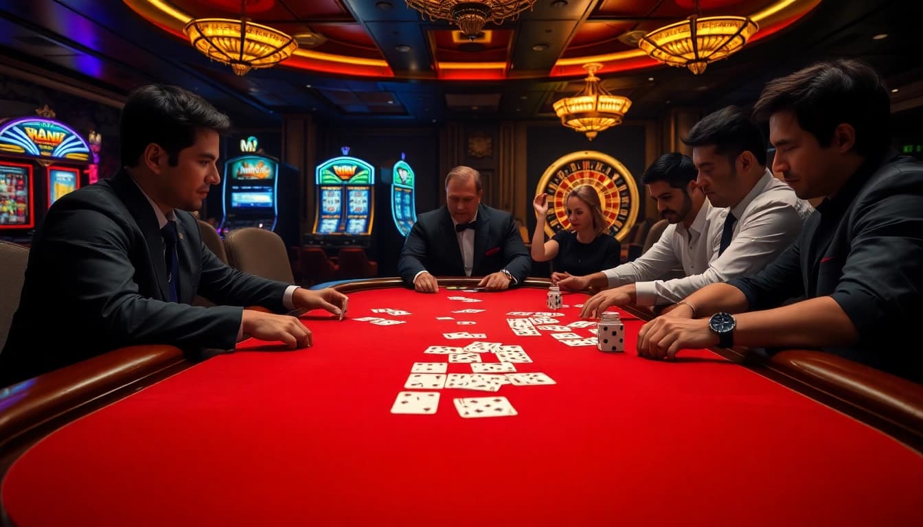 Professional gamblers playing poker at a high-stakes MK 8 casino, showcasing skill and strategy.