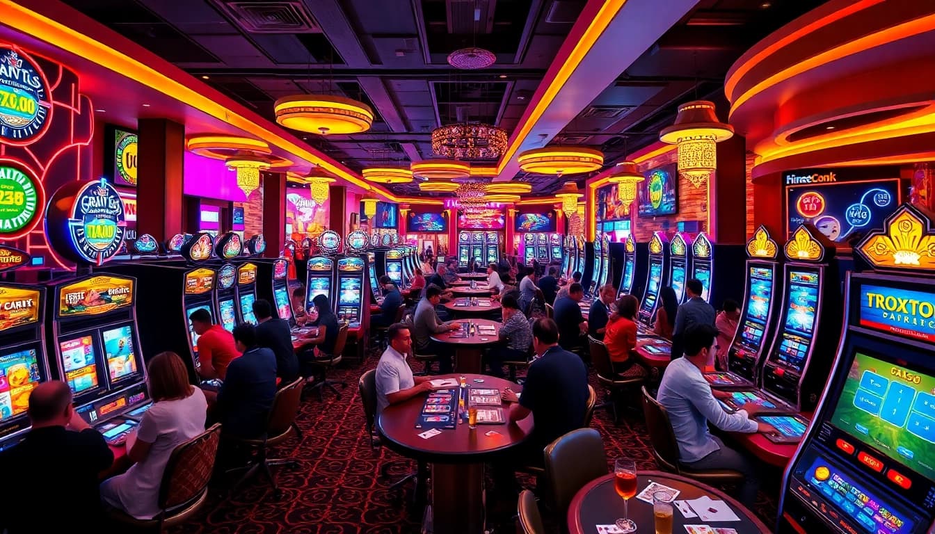 Spannende Casino-Atmosphäre auf casinospielen.de mit Spielern an Spielautomaten und Tischen.