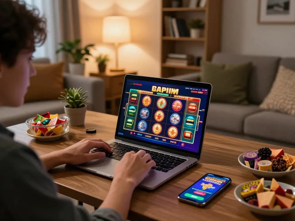 Player enjoying casinos not on gamstop while gaming at home on laptop with snacks nearby