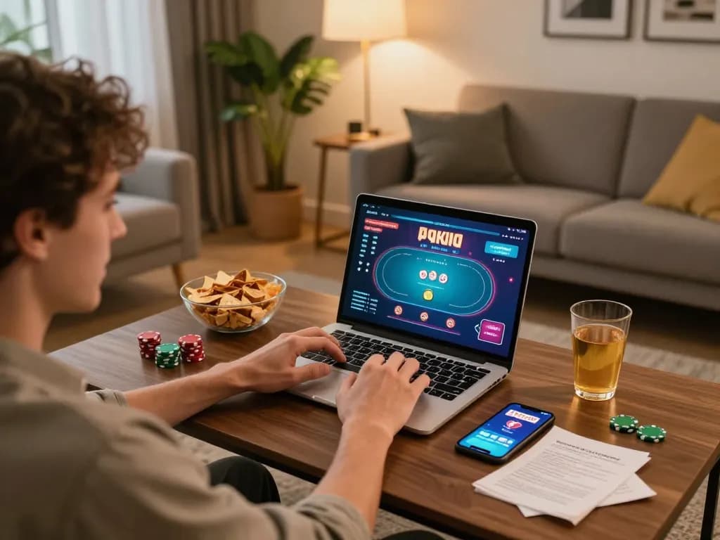Engaged player enjoying online poker gameplay on CasinoAtlas app in stylish living room setting.