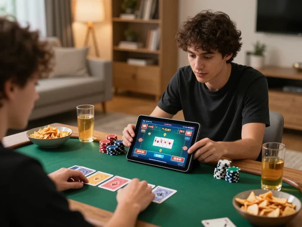 Player engaging with 88bet poker game on tablet in cozy living room, showcasing responsible gaming.