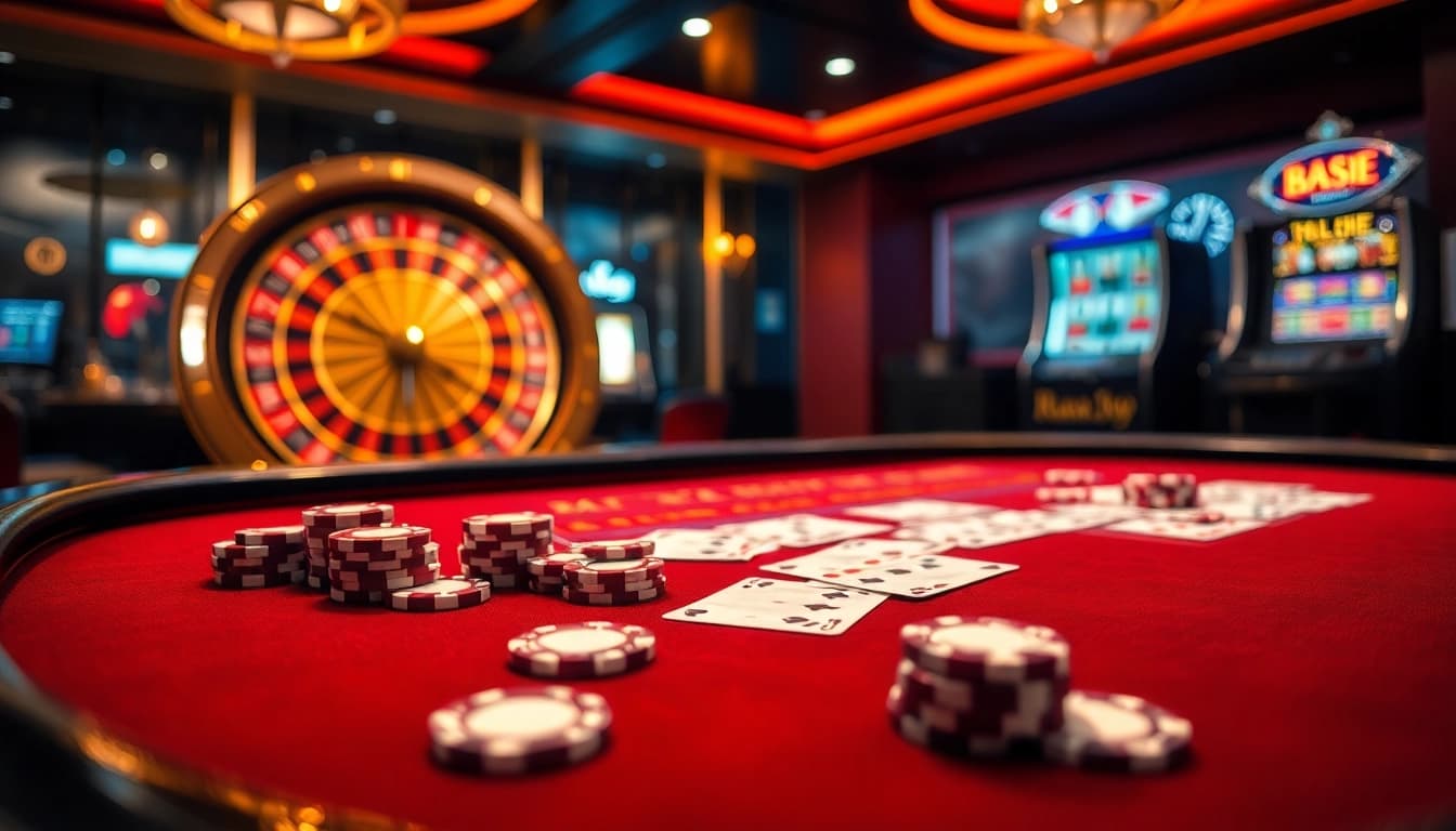 BJ388 poker table with luxurious chips and cards, highlighting thrilling casino action.