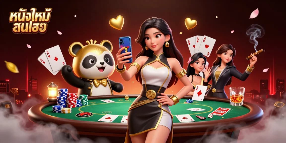 Engage in หนังใหม่ชนโรง with an elegant woman at a casino, showcasing vibrant gambling elements.