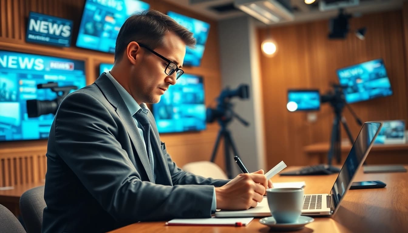 Capture a journalist at work for https://www.thedailynewsonline.com, showcasing newsroom energy and focus.