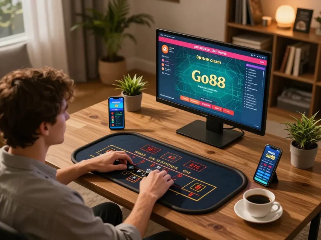 Engaging scene of a player using Go88 for online gambling at home with tablet and smartphone.