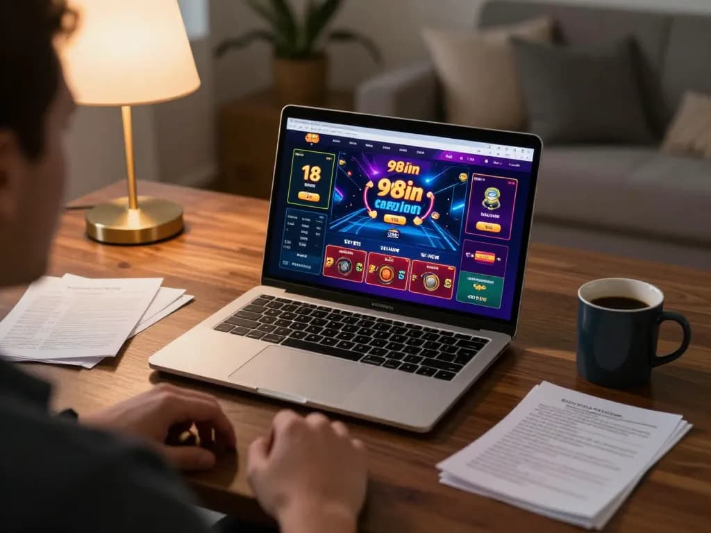 Engaging in live gaming on 98win with a laptop while enjoying a cozy home atmosphere