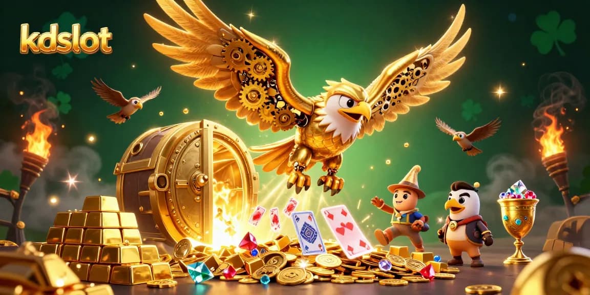 Experience kdslot thrilling action with a golden eagle amidst dazzling treasures and engaging gaming elements.