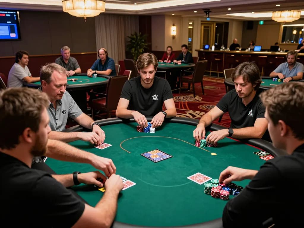 Engaged players at LuckyIndex poker tournament, strategizing with visible cards and chips.