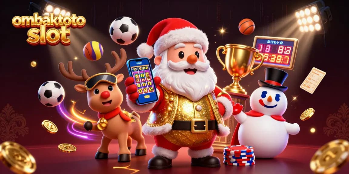 Experience the excitement of ombaktoto slot with Santa and friends celebrating jackpots in a vibrant casino.
