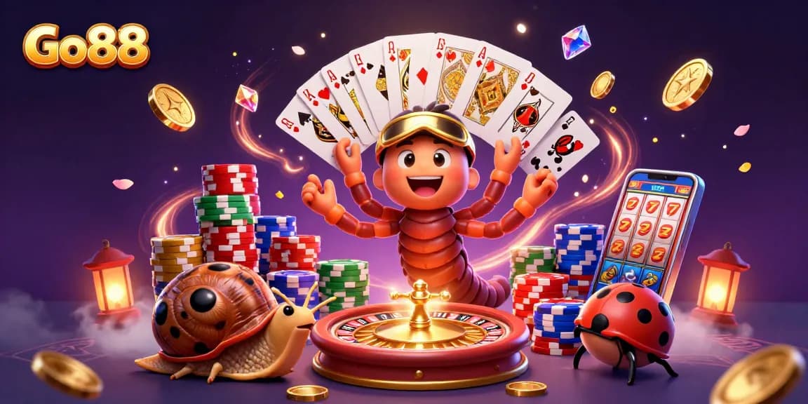 Go88's exciting casino atmosphere featuring a millipede dealer and vibrant game elements in action