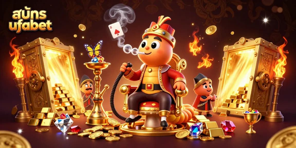 Join the action with สมัคร ufabet in this vibrant, dynamic casino illustration featuring golden treasures and poker artistry.
