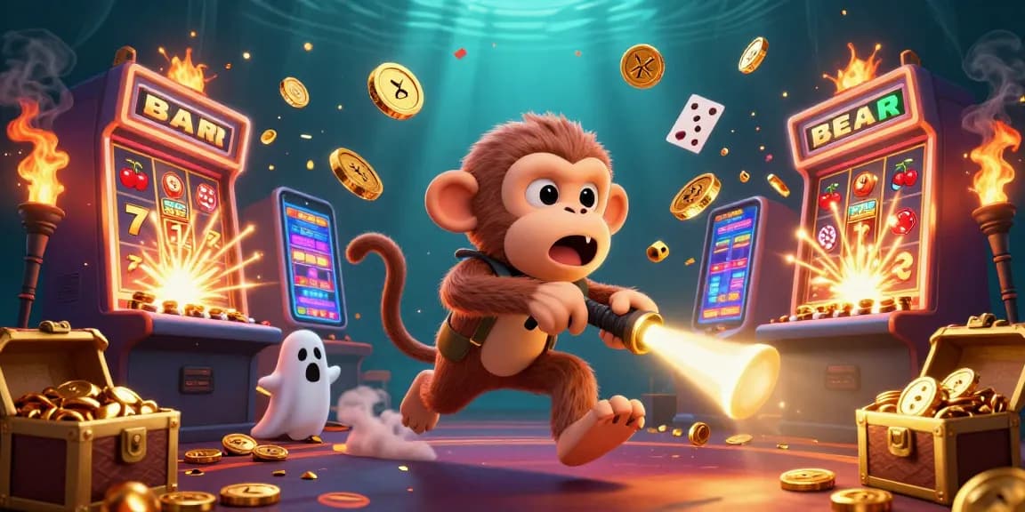 Engage with the thrilling antics of 789 club's ghostly monkey and the curious puppy in a vibrant casino setting.