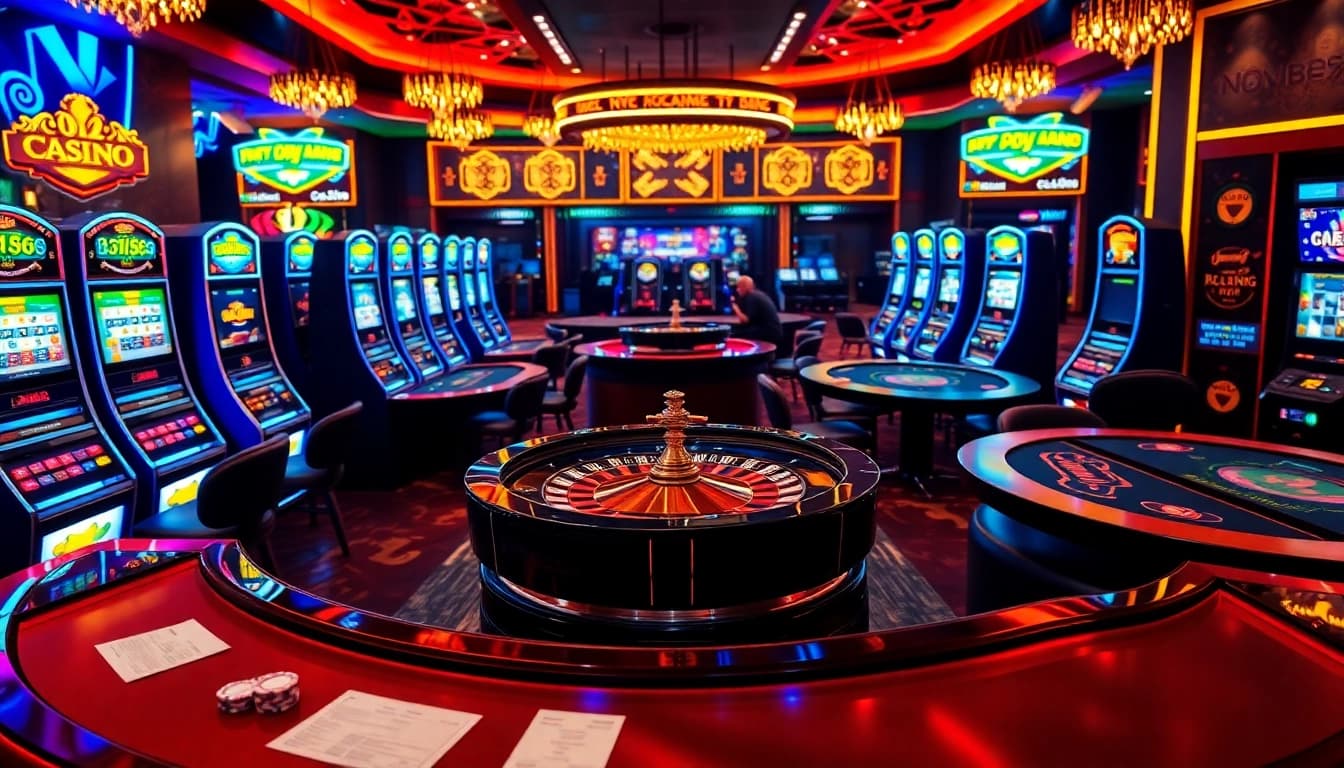 Playing at NV Casino's vibrant slot machines and poker tables under dazzling lights.