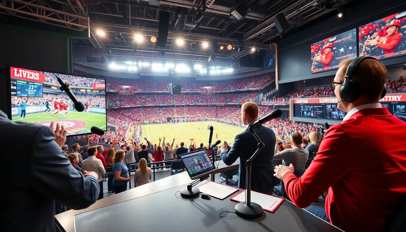 Dynamic sports broadcasting scene with a host engaging in a vibrant studio, capturing live action.