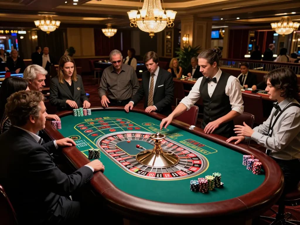 Players engaging with HUBET at an exciting roulette table, illuminated by warm casino lighting.