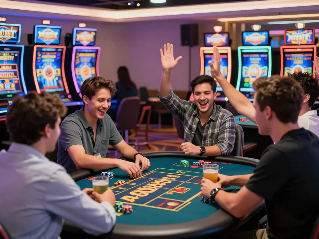 Free credit mega888 players enjoying a lively casino atmosphere while celebrating wins together at a vibrant gaming table.