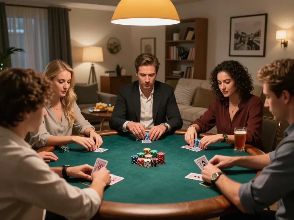 33win poker night with friends, showcasing strategic gameplay and social interaction in a cozy atmosphere