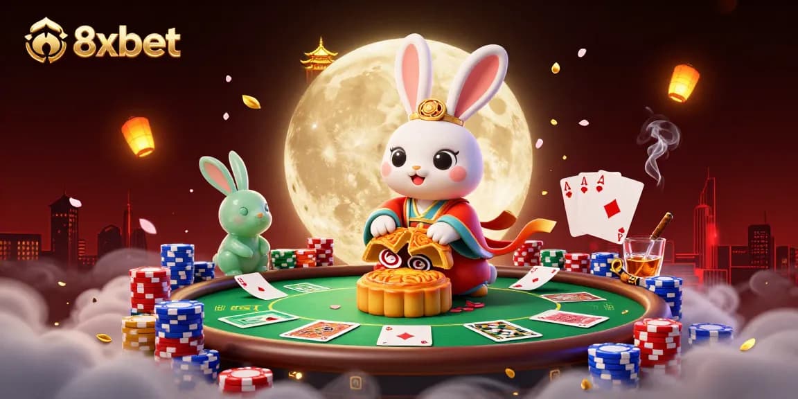 Engage with 8xbet's vibrant moon casino scene featuring a rabbit betting with poker chips.