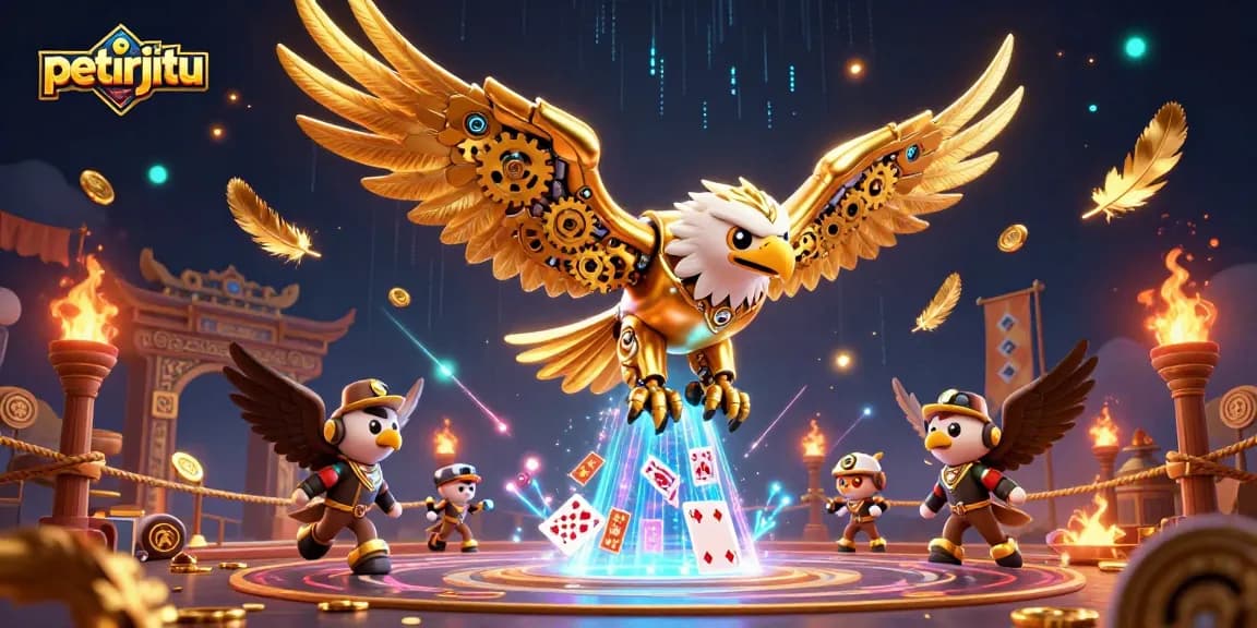 Petirjitu menghadirkan ilusi kasino dengan elang sibernetik dan kartu holografik berkilau.