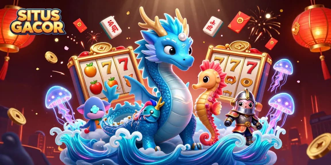 SITUS GACOR showcases an enchanting casino scene with a dragon, seahorse knight, and glowing jellyfish amidst slot reels.