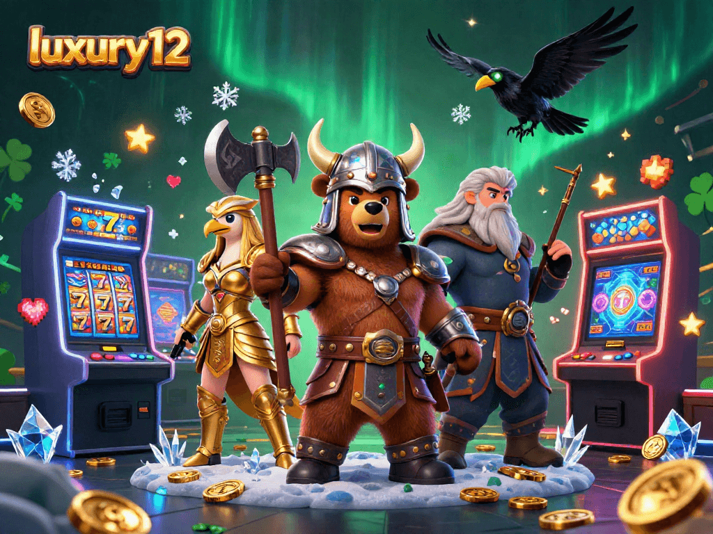Experience luxury12 gaming fun with Viking bear and Valkyrie eagle in an exciting casino scene.