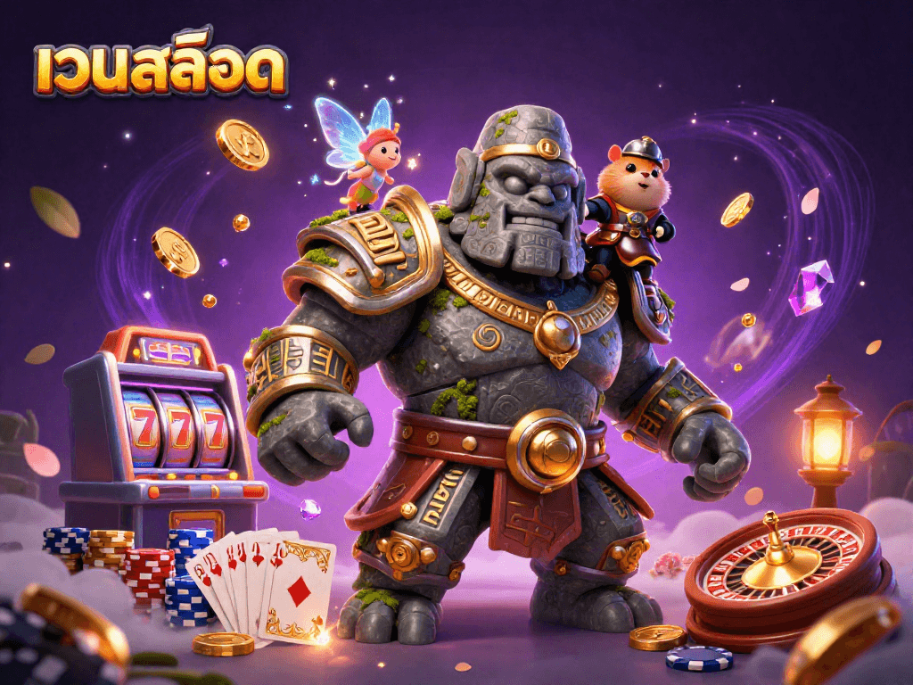 Engage in exciting เว็บสล็อต action with the golem guardian, fairy, and hamster knight in this vibrant casino illustration.