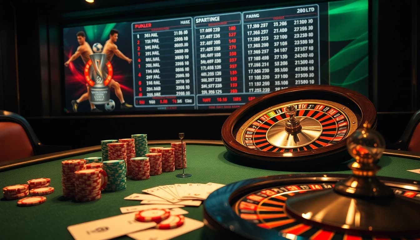 Kèo bóng đá betting scene featuring a luxurious poker table, colorful chips, and football match odds.