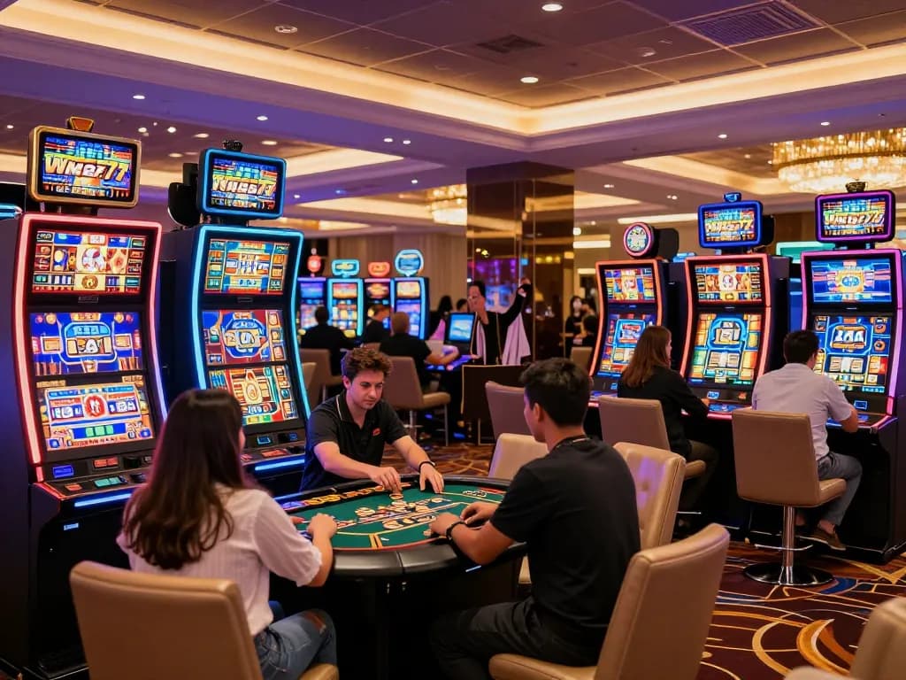 Wstar77 players celebrating wins on vibrant casino floor filled with colorful slot machines.