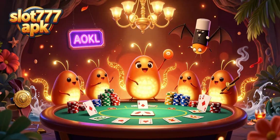 Experience vibrant gameplay in slot777 apk with glowing characters, poker elements, and a unique casino ambiance.