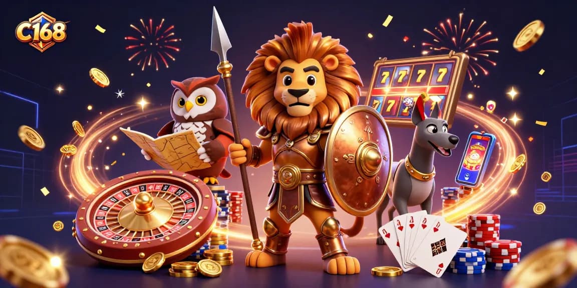 C168 offers thrilling gaming experiences with dynamic casino elements including cards, coins, and vibrant visuals.
