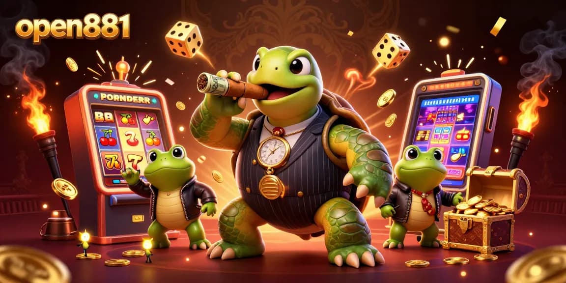 Experience thrilling gaming action at open881 with this vibrant 3D casino scene featuring a snapping turtle in a mobster suit.