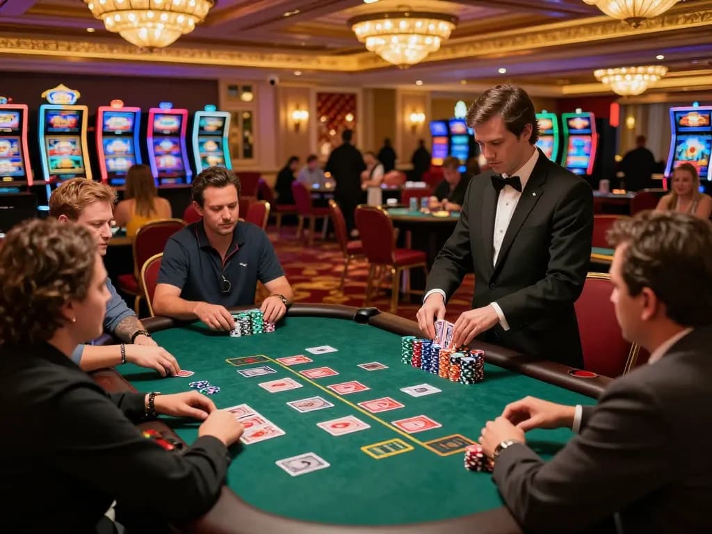 Casinosscope shows players strategizing at a vibrant live blackjack table in a luxury casino.