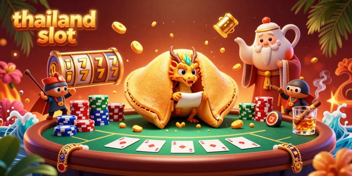 Engage with thailand slot's vibrant action, featuring a golden fortune cookie and dynamic gaming symbols.