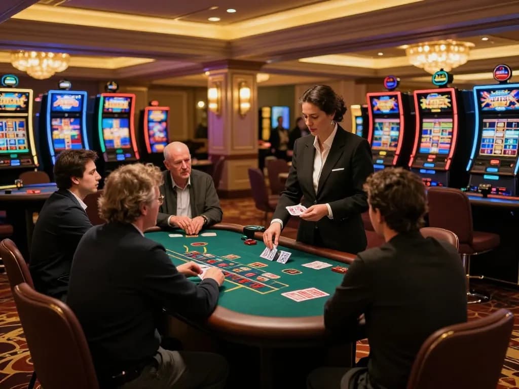 Players enjoying blackjack at nhacaiuytin casino, with a dealer in action