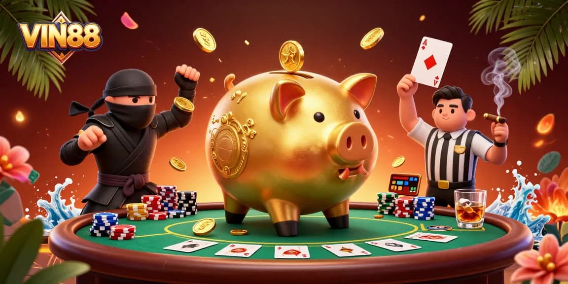 Engage with VIN88's vibrant casino scene featuring a ground-stomping piggy bank and ninja characters.