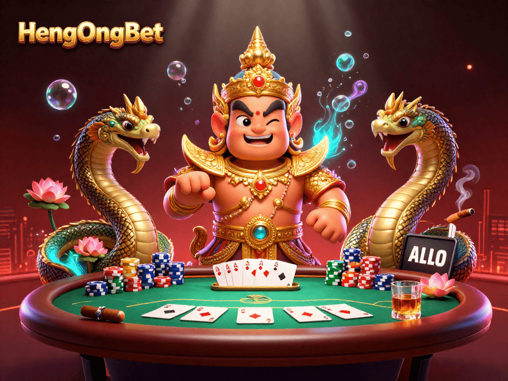 Engage with HengOngBet in a vibrant casino scene featuring a Thai guardian and poker elements.