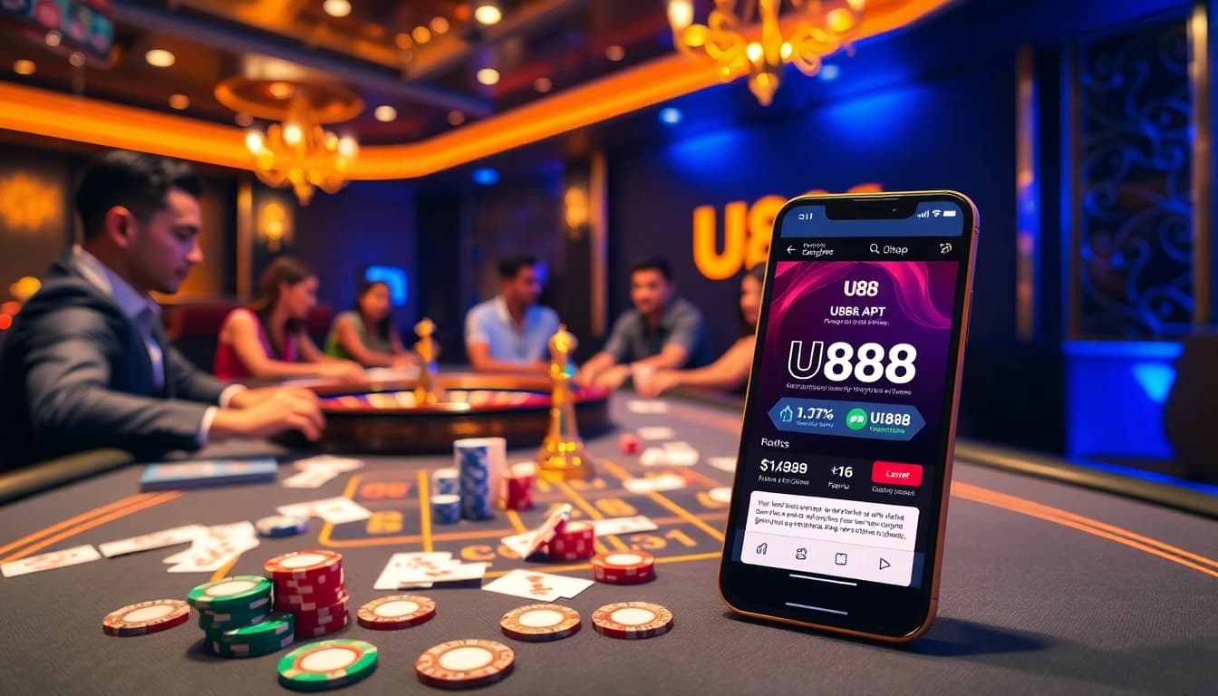 The U888 bet app interface showcased on a luxurious casino table with cards and chips.
