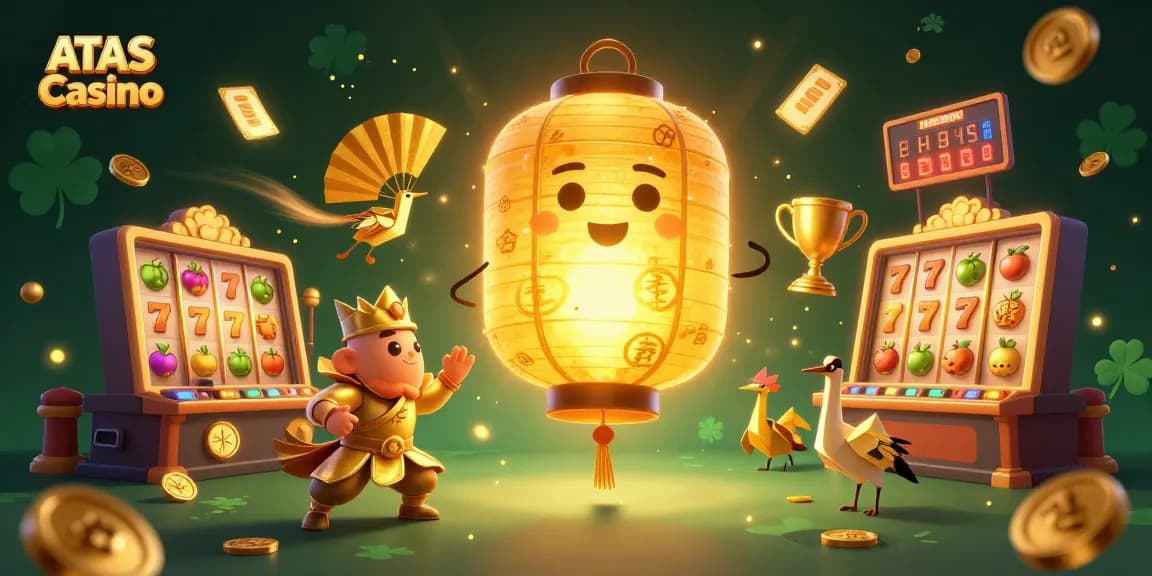Engage with ATAS Casino's vibrant gaming experience featuring a golden lantern spirit amidst dynamic gaming elements.