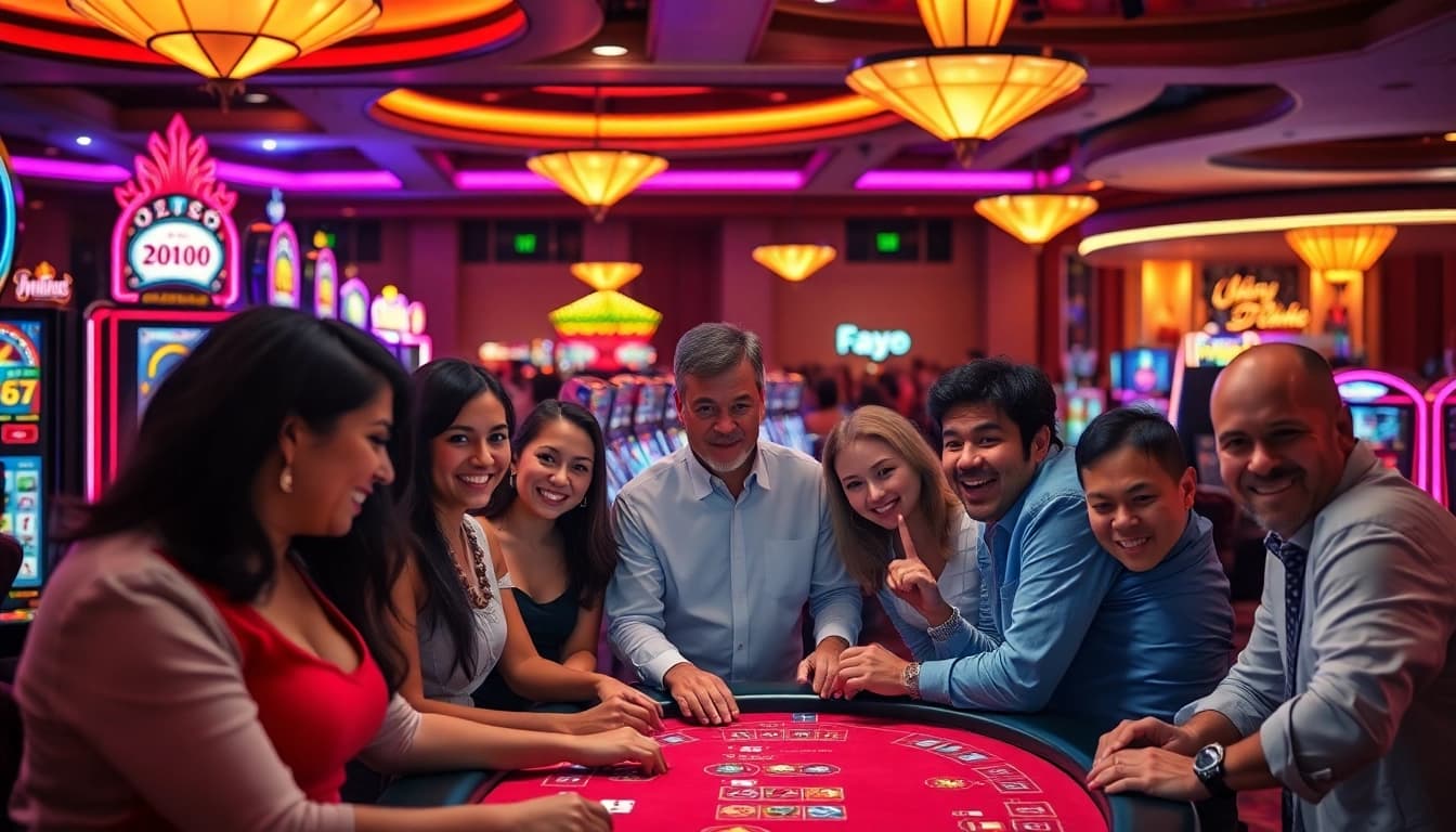 Permainan kasino yang menggembirakan di situs toto dengan pemain bersemangat dan mesin slot berwarna-warni.